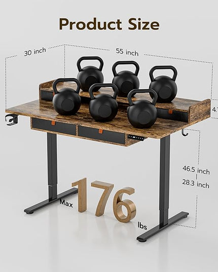 Deeper Electric Standing Desk Adjustable Height Stand Up Desk, 55" x 30" Sit Stand Desk, Quiet Home Office Desk, Large Workspace, Black table (Rustic Brown) - LeafyLoom