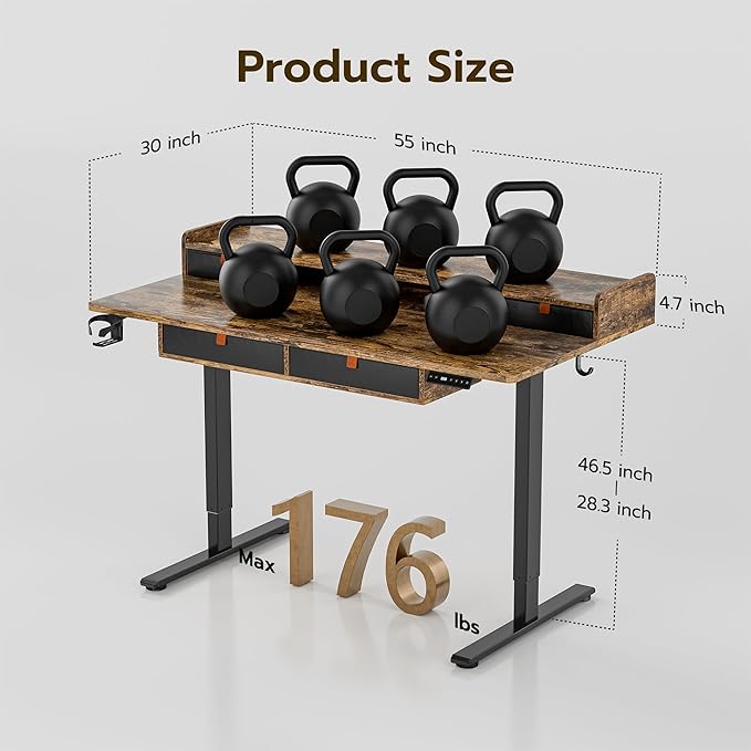 Deeper Electric Standing Desk Adjustable Height Stand Up Desk, 55" x 30" Sit Stand Desk, Quiet Home Office Desk, Large Workspace, Black table (Rustic Brown) - LeafyLoom