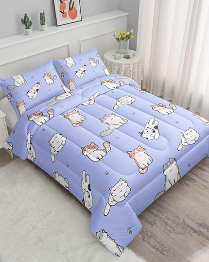 Datura home Purple Kawaii Cat Comforter Bedding Set for Girls Kitten Purple Print Cute Animal Pattern Bedding Set with 1 Comforter and 2 Pillowcases for Girls Bedroom All Season(Cat Purple Full) - LeafyLoom