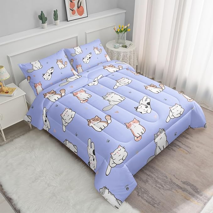 Datura home Purple Kawaii Cat Comforter Bedding Set for Girls Kitten Purple Print Cute Animal Pattern Bedding Set with 1 Comforter and 2 Pillowcases for Girls Bedroom All Season(Cat Purple Queen) - LeafyLoom