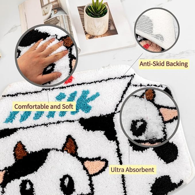 Milk Cow Bathroom Rugs Milk Box Shaped Animals Non Slip Cute Bath Rug Soft Absorbent Microfiber Bathtub Door Mat for Bathroom Kitchen Floor Tub Shower Rug Black White - LeafyLoom