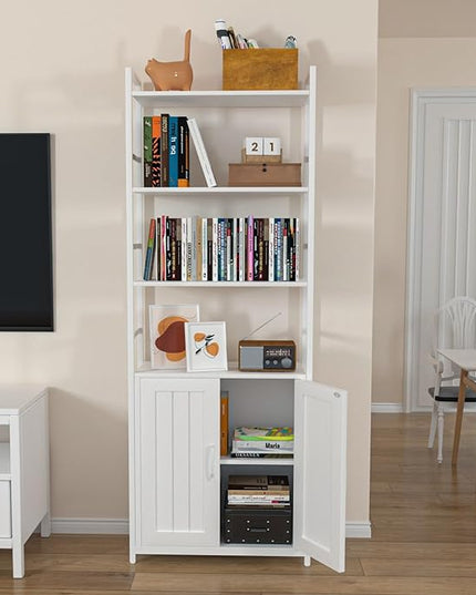 White Bookshelf with Doors,70" Tall Bookcase with Storage Cabinet,6 Tier Book Shelf for Living Room/Bedroom/Home Office/Kitchen,70"(H)*26"(L)*11.8"(W) - LeafyLoom