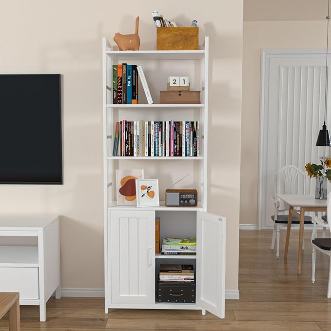 White Bookshelf with Doors,70" Tall Bookcase with Storage Cabinet,6 Tier Book Shelf for Living Room/Bedroom/Home Office/Kitchen,70"(H)*26"(L)*11.8"(W) - LeafyLoom