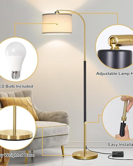 Dimmable Floor Lamp for Living Room, Arc Floor Lamps with Adjustable Drum Shade Pedal Switch, Black and Gold Tall Standing Lamp with 9W LED Bulb, Modern Reading Light Pole Lamp for Bedroom, Office - LeafyLoom