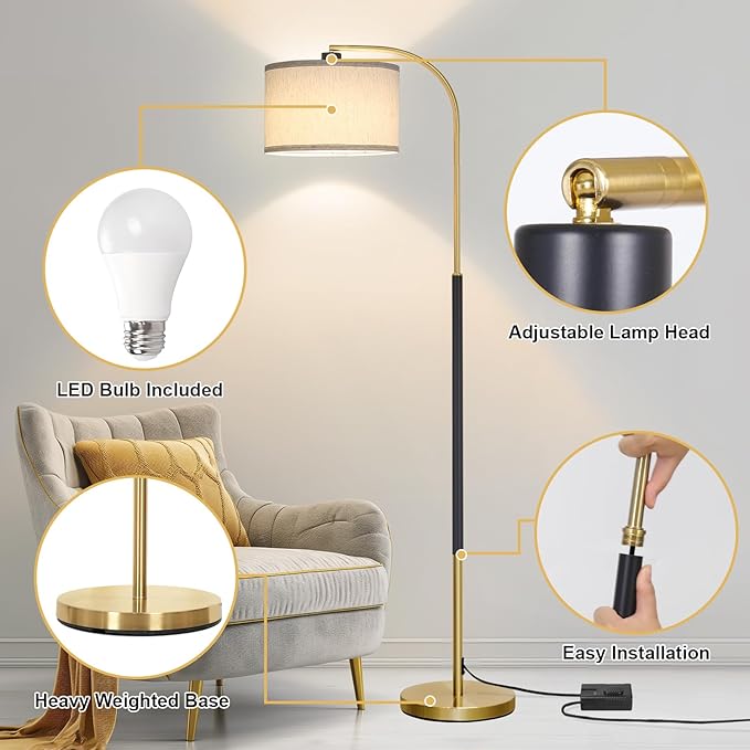 Dimmable Floor Lamp for Living Room, Arc Floor Lamps with Adjustable Drum Shade Pedal Switch, Black and Gold Tall Standing Lamp with 9W LED Bulb, Modern Reading Light Pole Lamp for Bedroom, Office - LeafyLoom
