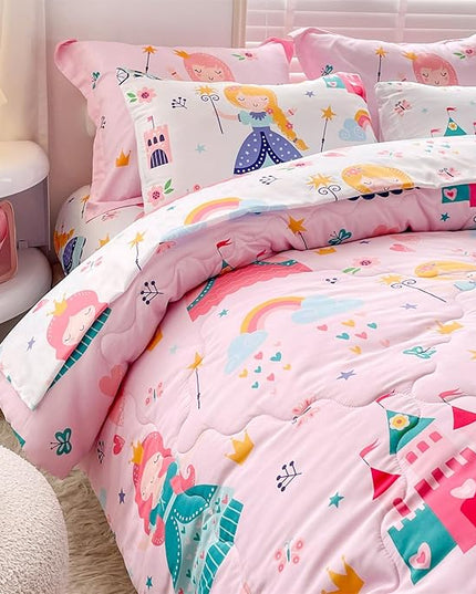 Wajade Kids Pink Princess Comforter Set Bed in A Bag Queen Size 7 Piece Princess Fairy Tales Castle Bedding Set for Girl (1 Comforter, 1 Flat Sheet, 1 Fitted Sheet, 2 Pillowcase and 2 Pillow Sham) - LeafyLoom