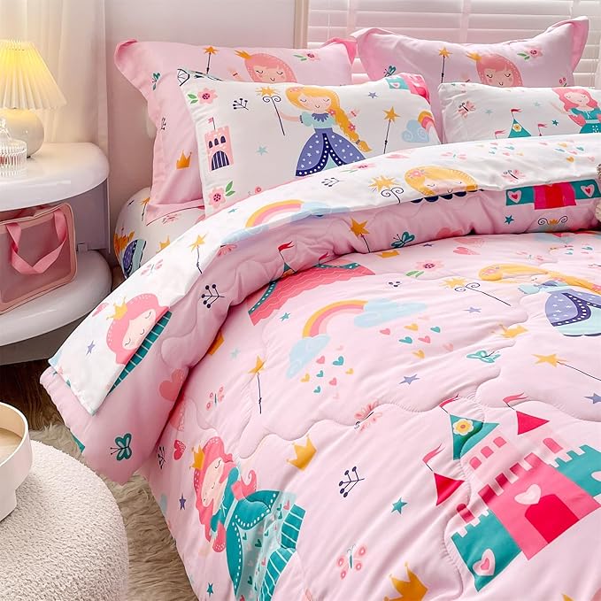 Wajade Kids Pink Princess Comforter Set Bed in A Bag Queen Size 7 Piece Princess Fairy Tales Castle Bedding Set for Girl (1 Comforter, 1 Flat Sheet, 1 Fitted Sheet, 2 Pillowcase and 2 Pillow Sham) - LeafyLoom