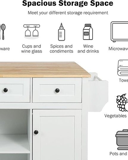 Kitchen Island with Storage, Rolling Table on Wheels w/Drop-Leaf Countertop,Internal Racks, Cabinet, 3 Drawers for Dinning Room, Rubber Wood Contertop - LeafyLoom