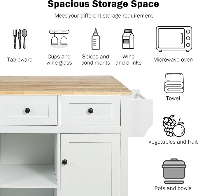 Kitchen Island with Storage, Rolling Table on Wheels w/Drop-Leaf Countertop,Internal Racks, Cabinet, 3 Drawers for Dinning Room, Rubber Wood Contertop - LeafyLoom
