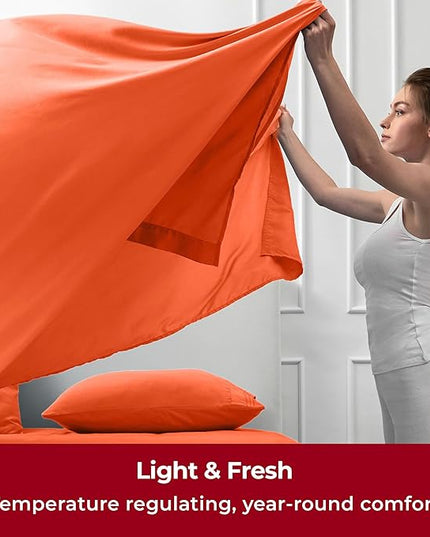 Mellanni Split King Sheets Set - 5 PC Iconic Collection Bedding Sheets & Pillowcases - Hotel Luxury, Extra Soft, Cooling Bed Sheets - Deep Pocket up to 16 inch (Split King, Poppy Orange) - LeafyLoom