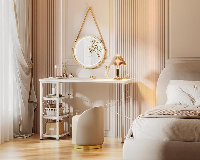 AODK Laptop Desk Small Desk, 40 Inch Computer Desk with Power Outlet and USB & Type-C Charging Port, Writing Desk with 3-Tier Reversible Storage Shelf for Home Office, 40'' x 16'', White - LeafyLoom