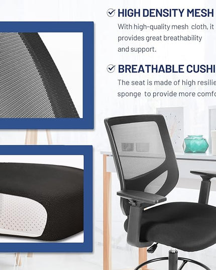 Tall Office Chair, Drafting Chair, High Adjustable Standing Desk Chair, Ergonomic Mesh Computer Task Table Chairs with Adjustable Armrests and Foot-Ring for Standing Desk and Bar Height Desk - LeafyLoom