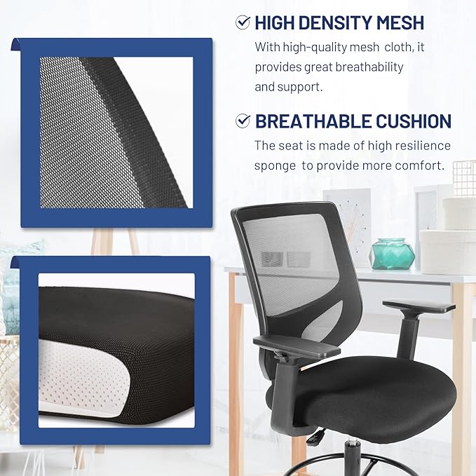 Tall Office Chair, Drafting Chair, High Adjustable Standing Desk Chair, Ergonomic Mesh Computer Task Table Chairs with Adjustable Armrests and Foot-Ring for Standing Desk and Bar Height Desk - LeafyLoom
