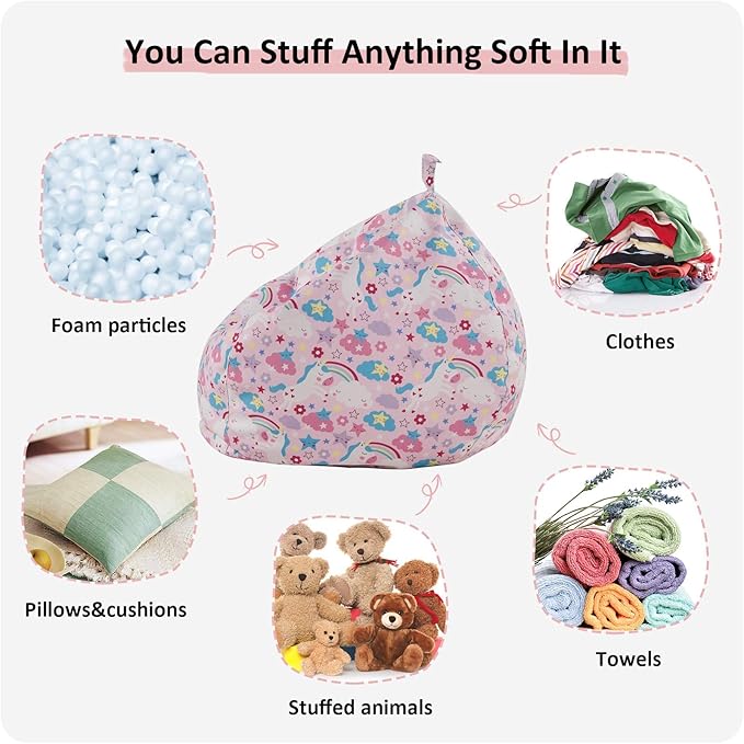 Nobildonna Stuffed Animal Storage Bean Bag Chair Cover Only for Kids Girls Toddler, Large Beanbag Chair without Filling for Organizing Children Soft Plush Toys - LeafyLoom