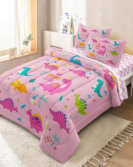 Girls Dinosaur Bedding Full Green Pink Dinosaur Comforter Set, Cute Cartoon Down Comforter for Little Girls Teens Kids Adults Room Decor, Reversible Bed-in-a-Bag 5-Piece Bed Sets - LeafyLoom