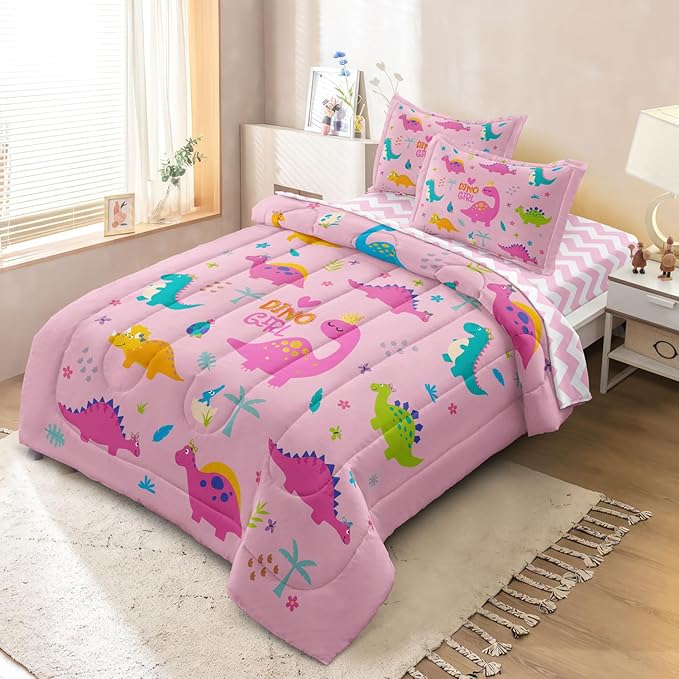 Girls Dinosaur Bedding Full Green Pink Dinosaur Comforter Set, Cute Cartoon Down Comforter for Little Girls Teens Kids Adults Room Decor, Reversible Bed-in-a-Bag 5-Piece Bed Sets - LeafyLoom