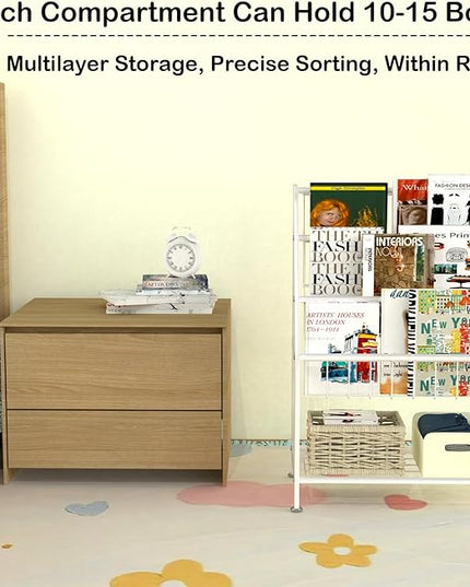Kids Bookshelf Freestanding for Children Room 18 Inches Small White Metal Bookcase Large Capacity Books Toys Organizer Stable 5 Tiers Kids Book Rack for Playroom Bookstore Library - LeafyLoom
