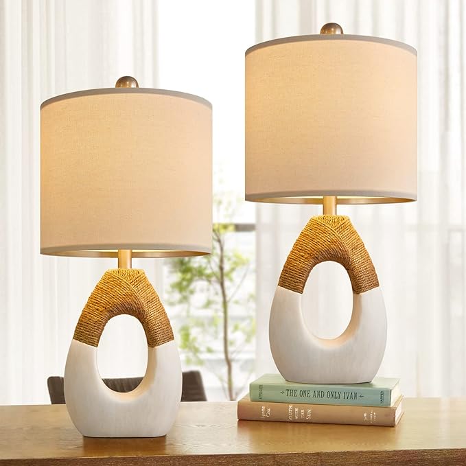 OYEARS Boho Table Lamps Bedroom Living Room Set 2 Small Farmhouse Rattan Table Lamp 19”Rustic Home Decoration Nightstand Bedside Lamp for Office Compatible with Smart Light Bulbs(Not include Bulbs) - LeafyLoom