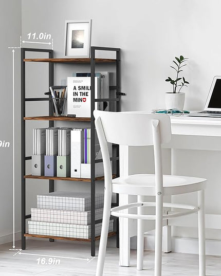 CADUKE Bookcase 4 Tier Bookshelf with Storage Industrial Open Etagere Bookcase Wood Metal Book Shelf Stand Brown Bookshelves for Living Room Bedroom Office - LeafyLoom