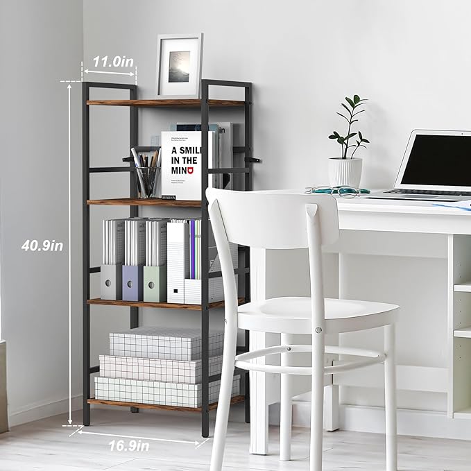 CADUKE Bookcase 4 Tier Bookshelf with Storage Industrial Open Etagere Bookcase Wood Metal Book Shelf Stand Brown Bookshelves for Living Room Bedroom Office - LeafyLoom