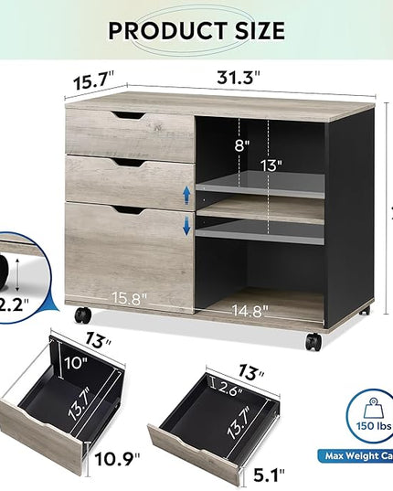 DEVAISE 3-Drawer Wood File Cabinet, Mobile Lateral Filing Cabinet, Printer Stand with Open Storage Shelves for Home Office, Greige - LeafyLoom