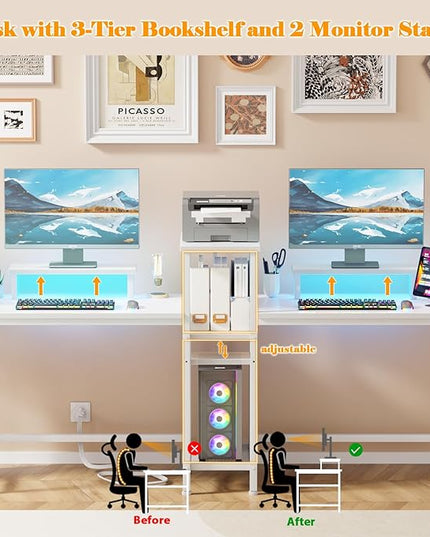 Furologee 2 Person Gaming Desk with LED Lights, 71 Inch Computer Desk with Power Outlets and Monitor Stand, Double Desk with Storage Bag and Headphone Hooks, Study Writing Table for Home Office, White - LeafyLoom