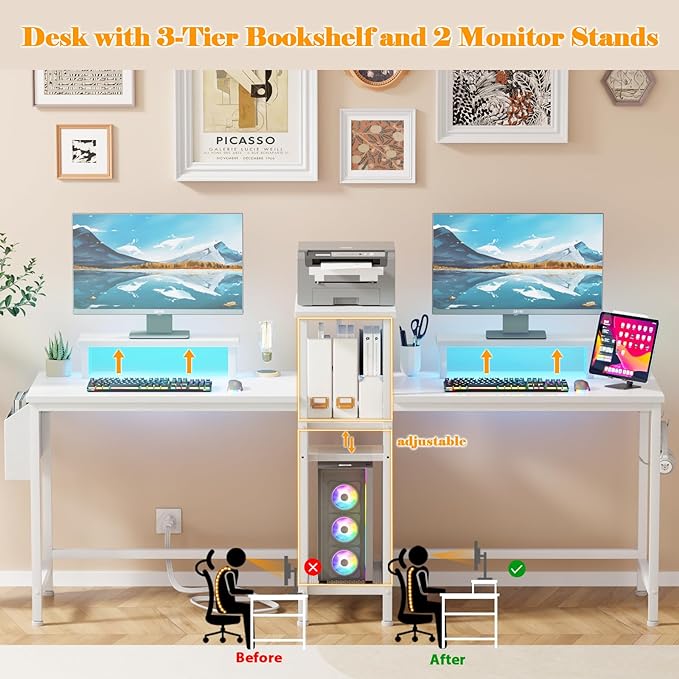 Furologee 2 Person Gaming Desk with LED Lights, 71 Inch Computer Desk with Power Outlets and Monitor Stand, Double Desk with Storage Bag and Headphone Hooks, Study Writing Table for Home Office, White - LeafyLoom