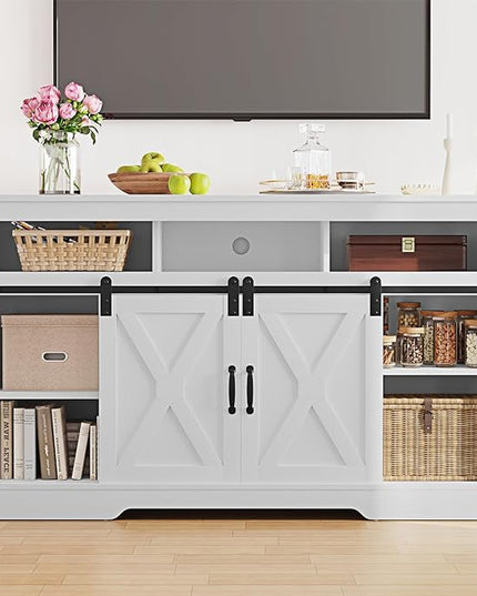 Farmhouse TV Stand for 23" Fireplace, 34'' Tall Entertainment Center for 65+ Inch TV, Rustic TV Console with Sliding Bar Door for Living Room (White) - LeafyLoom