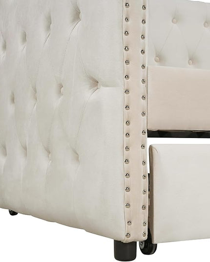 Twin Size Tufted Upholstered Daybed with Trundle, Solid Wood Velvet Bed with Rivet Design, No Box-spring Needed, for Living Room, Bedroom, Dorm, Space-Saving Design - LeafyLoom