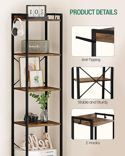 Bookshelf, Book Shelf, Industrial Bookcase with 2 Hooks, Coner Shelf Storage Organizer for Home Office, Living Room, Bedroom, Kitchen, 6-Tier Rustic Brown BC10701B - LeafyLoom