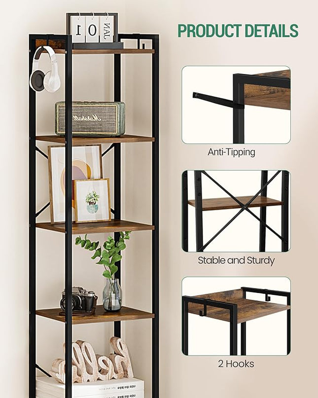 Bookshelf, Book Shelf, Industrial Bookcase with 2 Hooks, Coner Shelf Storage Organizer for Home Office, Living Room, Bedroom, Kitchen, 6-Tier Rustic Brown BC10701B - LeafyLoom