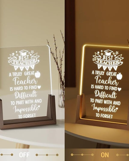 Teacher Appreciation Gifts from Student - Best Teacher Acrylic Plaque with Walnut Night Light - End of Year Thank You Gifts - Retirement Gifts for Teacher - Teacher Gift Ideas for Women - LeafyLoom