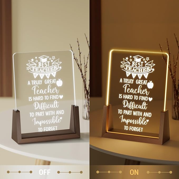 Teacher Appreciation Gifts from Student - Best Teacher Acrylic Plaque with Walnut Night Light - End of Year Thank You Gifts - Retirement Gifts for Teacher - Teacher Gift Ideas for Women - LeafyLoom
