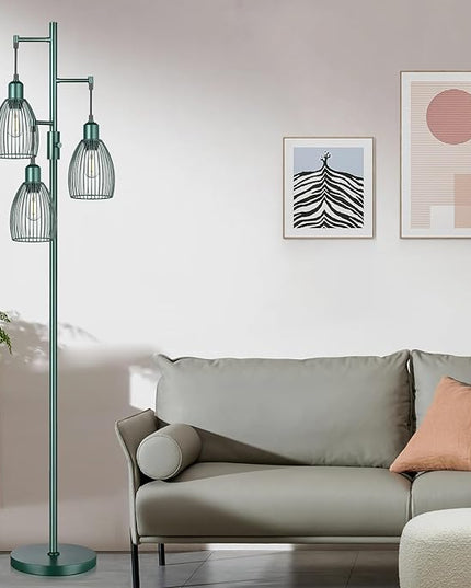 Dimmable Industrial Floor Lamps for Living Room, Green Tree Standing Tall Lamps with 3 Elegant Teardrop Cage Head & 800 Lumens LED Bulbs for Bedroom Office - LeafyLoom