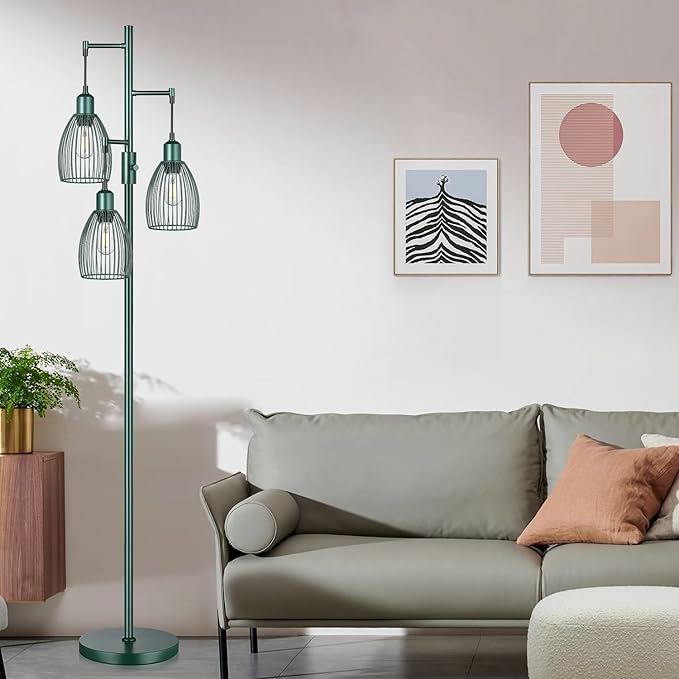 Dimmable Industrial Floor Lamps for Living Room, Green Tree Standing Tall Lamps with 3 Elegant Teardrop Cage Head & 800 Lumens LED Bulbs for Bedroom Office - LeafyLoom
