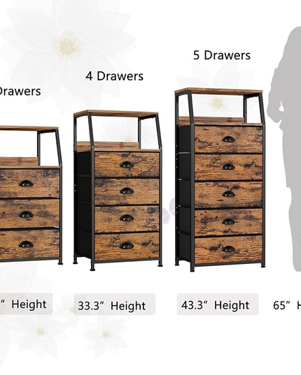 Furnulem Nightstand with 3 Drawers and 2-Tier Shelf, Fabric Small Dresser Organizer Vertical Storage Tower for Bedroom, Closet, Hallway, Nursery, End Table Side Furniture, Sturdy Steel Frame, Wood Top - LeafyLoom