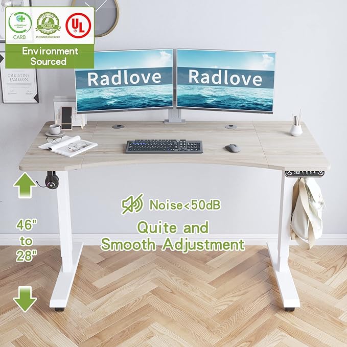Radlove Electric Standing Desk, 55 x 30 Height Adjustable Computer Desk Sit Stand Desk Home Office Desks with Splice Board and A Under Desk Cable Management Tray (White Frame + Oak Top) - LeafyLoom
