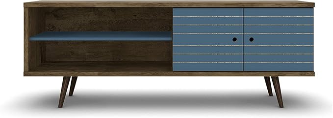 Manhattan Comfort Liberty Mid Century Modern TV Stand for Televisions up to 60 Inches, Bedroom and Living Room Entertainment Center with Storage, Shelves, and Cabinet, 63" Wide, Rustic Brown/Aqua - LeafyLoom