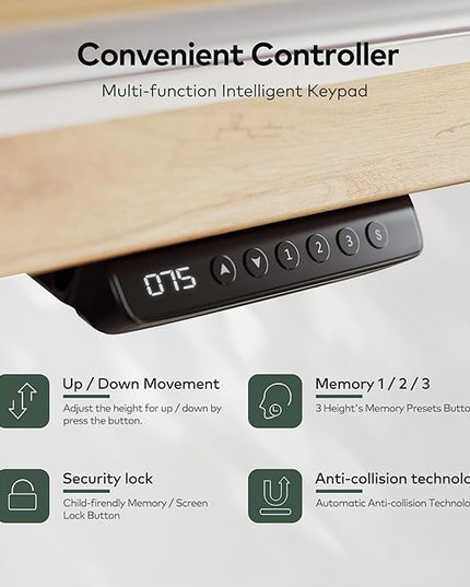 FEZIBO 55 x 27.5 Inches Electric Standing Desk with Open Shelf&LED Strip, Adjustable Height Sit Stand Up Desks with 3 Drawers, Ergonomic Workstation, Light Rustic（2 packages - LeafyLoom