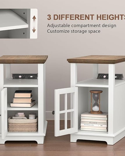 HIFYOBRO Narrow End Table with Flip Top Charging Station and Storage Cabinet, Type-C & USB port & Power outlets, Adjustable Shelf, White Side Table with Storage for Living Room and Bedroom - LeafyLoom