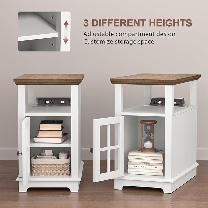 HIFYOBRO Narrow End Table with Flip Top Charging Station and Storage Cabinet, Type-C & USB port & Power outlets, Adjustable Shelf, White Side Table with Storage for Living Room and Bedroom - LeafyLoom