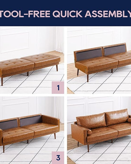 Vonanda Faux Leather Sofa Couch, Mid-Century 73 Inch 3 Seater Leather Couch with Hand-Stitched Comfort Cushion and Bolster Pillows for Living Room,Elegant Cognac Tan - LeafyLoom