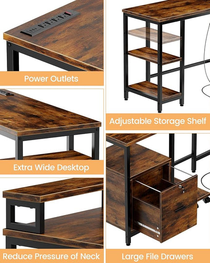 IDEALHOUSE 67" L Shaped Computer Desk with Drawers, Reversible Home Office Desk with Power Outlet, Adjustable Shelf and Mobile CPU Stand, Gaming Desk for Work, Home Office Corner Desk, Rustic Brown - LeafyLoom