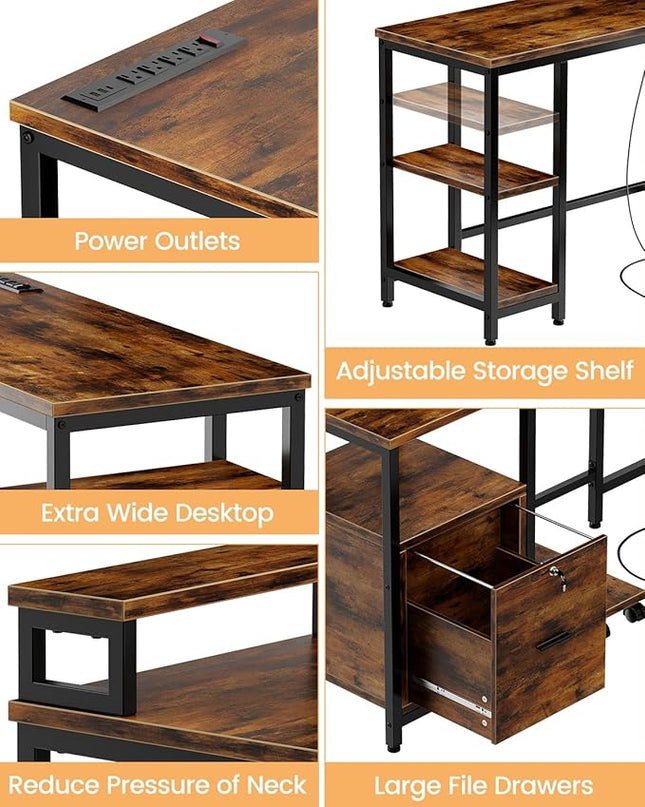 IDEALHOUSE 67" L Shaped Computer Desk with Drawers, Reversible Home Office Desk with Power Outlet, Adjustable Shelf and Mobile CPU Stand, Gaming Desk for Work, Home Office Corner Desk, Rustic Brown - LeafyLoom