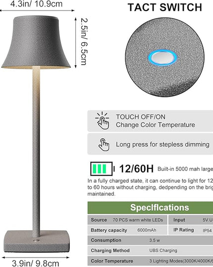 Cordless Table Lamp, Rechargeable Battery 5000mAh Metal Aluminum Housing USB LED Portable Powered Desk Lamp, 2 Levels Brightness Night Light for Restaurants Bedroom Outdoor (ferrous gray) - LeafyLoom