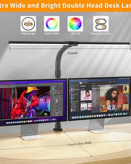 LED Desk Lamp for Home Office - 24W Bright Double Head Desk Light with Clamp Eye Caring Architect Task light 25 Lighting Modes Adjustable Flexible Gooseneck Lamp for Workbench Drafting Study - LeafyLoom
