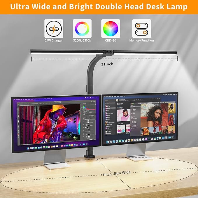 LED Desk Lamp for Home Office - 24W Bright Double Head Desk Light with Clamp Eye Caring Architect Task light 25 Lighting Modes Adjustable Flexible Gooseneck Lamp for Workbench Drafting Study - LeafyLoom