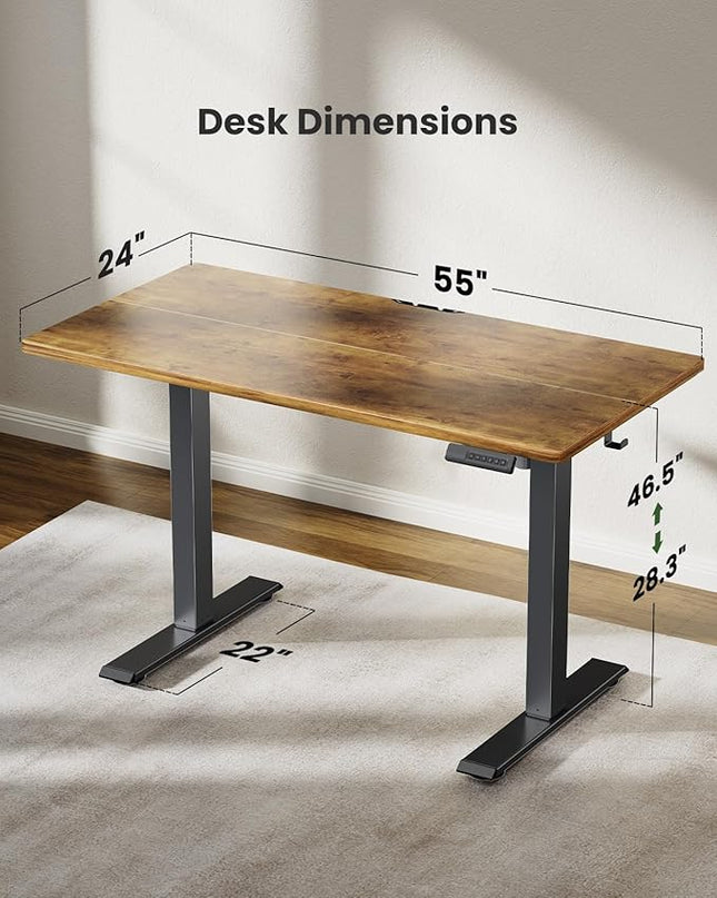 Marsail Electric Standing Desk Adjustable Height, 55 * 24 Inch Sit Stand up Desk for Home Office Furniture Computer Desk with 3 Memory Presets, Headphone Hook, Rustic Brown - LeafyLoom