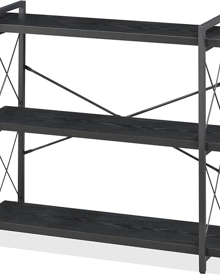 HCHQHS Bookshelf, 3-Tier Industrial Bookcase, Black Open Book Shelf, Freestanding Horizontal Bookshelves with Metal Frame - LeafyLoom
