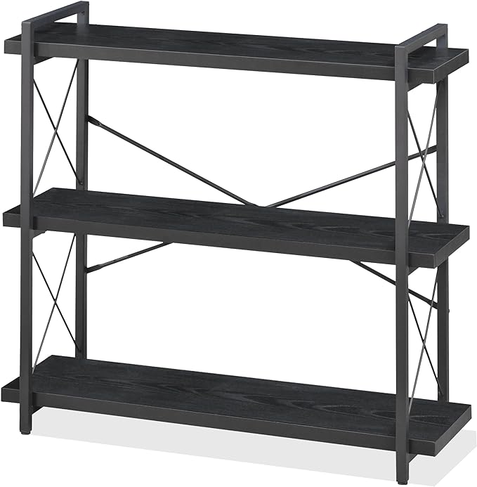 HCHQHS Bookshelf, 3-Tier Industrial Bookcase, Black Open Book Shelf, Freestanding Horizontal Bookshelves with Metal Frame - LeafyLoom
